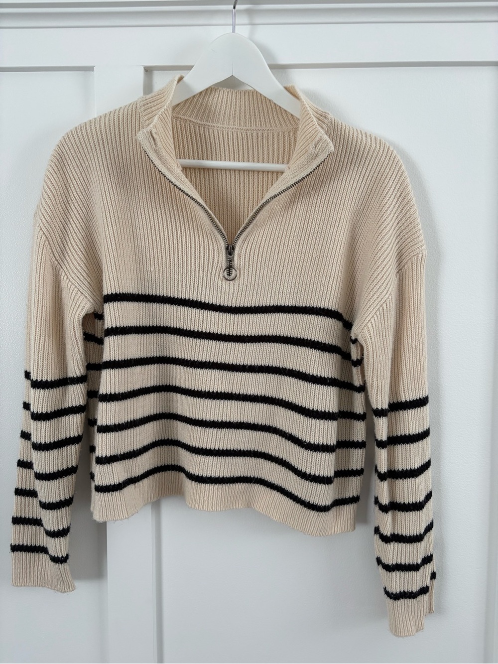 SHEIN Beige and Black Striped Half-Zip Turtleneck Sweater
